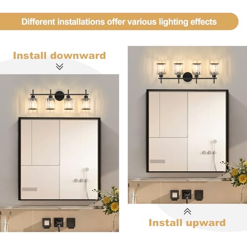 Black Bathroom Light Fixtures, Round, 4-Light | Vanity Lights with Crystal Shades, Modern Bathroom Lighting Fixtures over Mirror (Bulbs Not Included, E26) - color: Black (Round), size: 4-Light