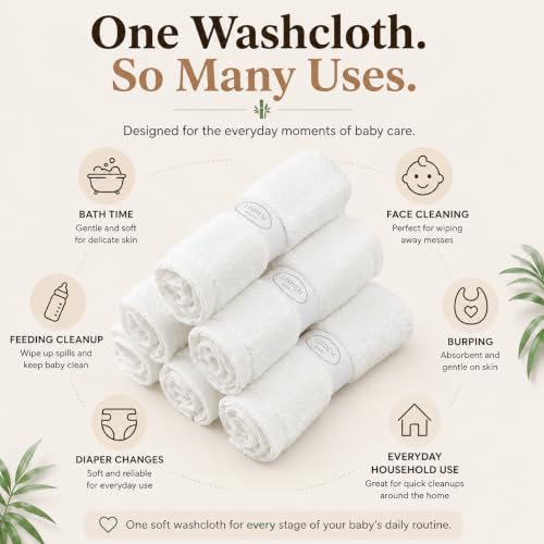 Bamboo Baby Washcloths, 6 Pack Soft & Absorbent Baby Wash Cloths for Newborns, Infants & Toddlers, Gentle Baby Face Towels for Bath Time, Feeding, Burping & Everyday Care, 10 x 10 Inches.