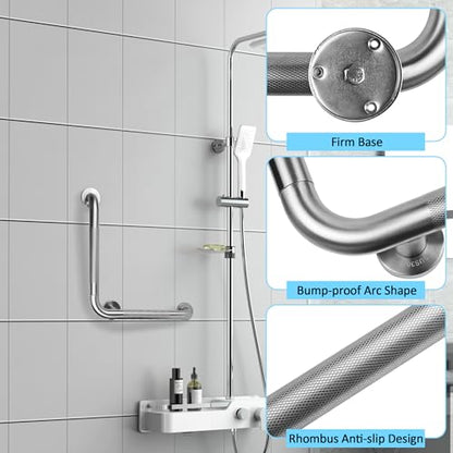 Angled Shower Grab Bar, 16x16 Inch Stainless Steel Bathroom Grab Bar, 1.25" Diameter L-Shaped Brushed Nickel Grab Bars for Bathtubs and Showers, Handicap Shower Grab Bar for Seniors Elderly - size: 16x16 Inch