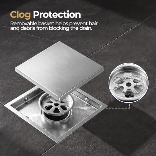 4-inch Square Tile Insert Shower Drain with Flange - SUS 304 Stainless Steel Invisible Floor Drain with Removable Cover and Strainer, Commercial Drain for Bathroom Kitchen, Nickel
