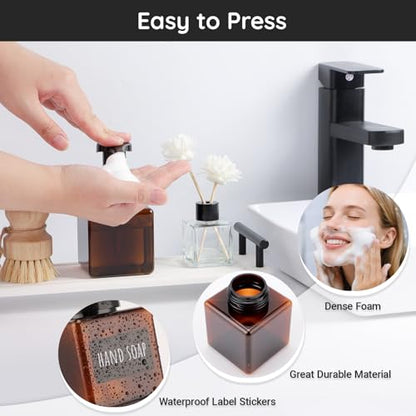Segbeauty 8.5oz Foam Amber Soap Dispenser Set, 2pcs Refillable Foaming Shampoo Bottle with Pump, 250ml Square Bathroom Body Wash Bottles Foamer with Labels, Small Plastic Liquid Soap Dispenser Kitchen - color: Amber, style: 2pcs 8.5oz
