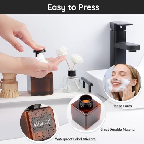 Segbeauty 8.5oz Empty Amber Foaming Soap Dispenser with Labels, 4pcs Shampoo Face Wash Bottles with Foaming Pump, 250ml Square Bathroom Kitchen Foam Liquid Containers, Plastic Hand Soap Dispensers - color: Amber, style: 4pcs 8.5oz