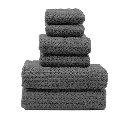 Sedona Waffle Towel Set, 6-Piece 410 GSM 100% Cotton Set Includes 2 Bath Towels, 2 Hand Towels & 2 Washcloths, Quick-Drying (Charcoal) - color: Charcoal, style: Standard Set (Set of 6 with Bath Towels)