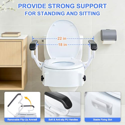 5'' Round Raised Toilet Seat with Handles, Adjustable Height | 3 Adjustable Heights (1.9/3.4/5'')|Fits Standard Round Toilets|with Lid|300lbs|Flip-up Armrests|for Seniors Post-surgery