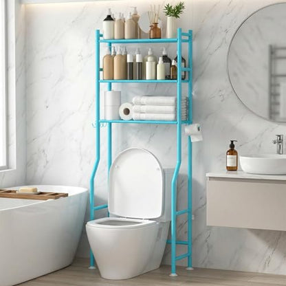 GloTika 3-Tier Over Toilet Storage, Anti-Tilt, 64" H, Blue | Anti-Tilt Safety System, 150lb Capacity, Carbon Steel, Freestanding, No Drilling, Anti-Rust Coating, Paper Holder & 4 Hooks - color: Blue, size: 3-Tier
