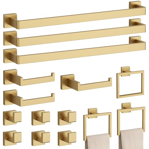 15-Piece Brushed Gold Bathroom Accessories Set – 23.6" Towel Bar, Towel Ring, Toilet Paper Holder & Hooks, Wall Mounted Bathroom Hardware, Rust & Corrosion-Resistant, Ideal for Modern Bathrooms - color: Brushed Glod, size: 15 Piece