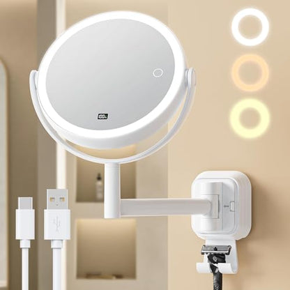 Gospire No-Drill Wall Mounted Lighted Makeup Mirror with Magnification 10X | LED Display & Hooks, 7 Inch Rechargeable Magnifying Vanity Mirror with Lights, 3 Color Dimmable Lights, LED Bathroom Mirrors