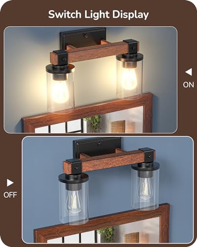 EDISHINE 2-Light Painted Wood Wall Sconces, Farmhouse Vanity Light Fixture | Clear Glass Shade, Up & Down Mounting Optional, E26 Base, Rustic Charm, Waterproof for Bedroom, Powder Room - size: 2-Light with Clear Glass Shade