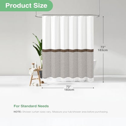 Dynamene Brown Fabric Shower Curtain, Farmhouse Boho Striped Tassel Shower Curtains for Bathroom, Bohemian Textured Cloth Shower Curtain Set with Hooks, Water Repellent, Wrinkle Free, 72x72 - color: Brown, size: 72"W x 72"L (Pack of 1)