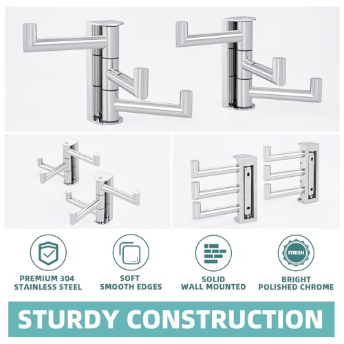 Foldable Wall Hooks with 3 Swivel Arms, 2 Pack, Polished Chrome | 304 Stainless Steel Swivel Towel Hooks, Heavy Duty 11 lbs, Bathroom, Kitchen Use, Space-saving Towel Storage, Wall Mounted - color: Polished Chrome, size: 2 Pack