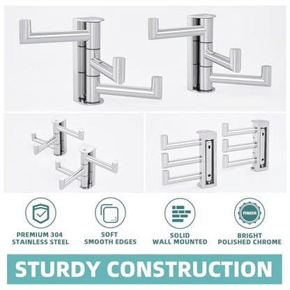 Foldable Wall Hooks with 3 Swivel Arms, 2 Pack, Polished Chrome | 304 Stainless Steel Swivel Towel Hooks, Heavy Duty 11 lbs, Bathroom, Kitchen Use, Space-saving Towel Storage, Wall Mounted - color: Polished Chrome, size: 2 Pack