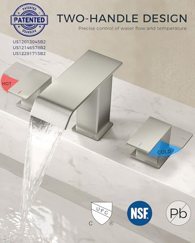FORIOUS Bathroom Faucet 3 Hole 8" Widespread Sink Faucets Brushed Nickel | 3-hole 4-12 Inch Widespread Sink, Square Waterfall Spout, with Drain and Hoses,for Vanity Rv Commercial Lavatory Restroom - color: Stainless Steel