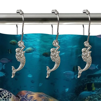 Mermaid Shower Curtain Hooks Decorative Rings for Bathroom Ocean Beach Cut Girl Bath Decor Stainless Steel Rustproof Shower Hanger Pack of 12 (Silver) - size: Mermaid