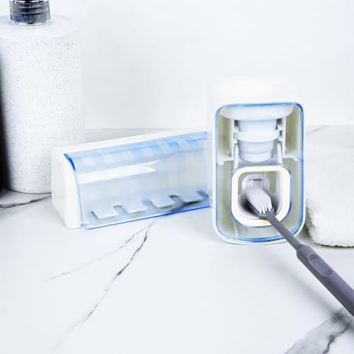 5 Slots Wall Mount Toothbrush Holder with Cover, Self Adhesive Toothbrush Storage Organizer for Shower, Toothbrush Hanger with Automatic Toothpaste Squeezer Dispenser(White + Blue) - color: White + Blue Combination