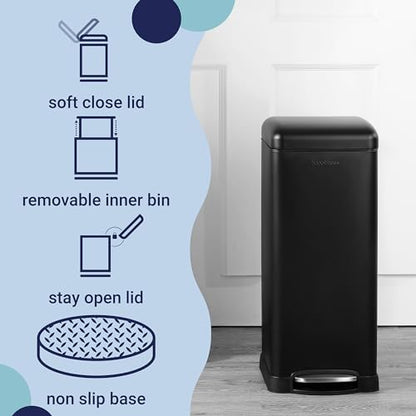 happimess Betty 8 Gal Step Trash Can Soft-Close Lid, Charcoal Black | Fingerprint Resistant, Removable Liner, Semi-Rectangular, Steel Pedal, Iron Powder Coated, 27" Height, Non-Skid Base - color: Black