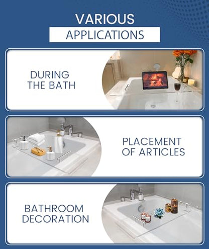 Acrylic Bathtub Tray Bathtub Tray Caddy Bath Tray Table for Tub Luxury Spa with Book and Wine Glass Holder Bathroom Accessories for Decorative Bathtubs, Transparent 31.5inch