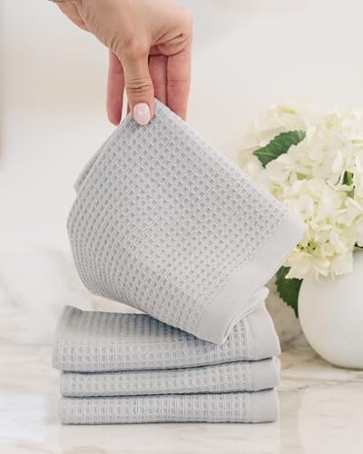 Cozy Earth Waffle Washcloths, Mini Textured Waffle Weave Pattern | 60% Cotton 40% Viscose from Bamboo Washcloths 13 x 13 Inches, Soft and Absorbent Terry, 4 Pack - color: Light Grey, size: Washcloth