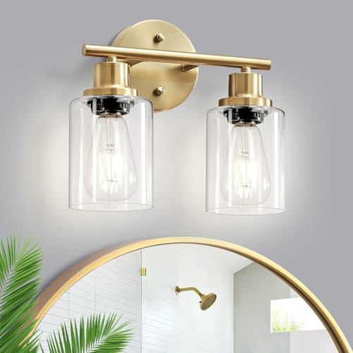 2-Light E26 Bathroom Light Fixtures, Modern Brushed Gold Vanity Lights for Bathroom with Clear Glass Shade, Mirror Kitchen Hallway Cabinet Living Room Sconces Wall Lights - color: Gold & Clear Glass Shade, size: 10.6 Inch : 2-Light