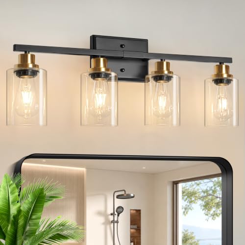 Ascher Bathroom Light Fixtures, 4-Light Vanity Lights with Clear Glass Shade, Modern Black and Gold Wall Light for Mirror Bedroom Hallway Cabinet Porch - color: Black&Gold, size: 4 Light