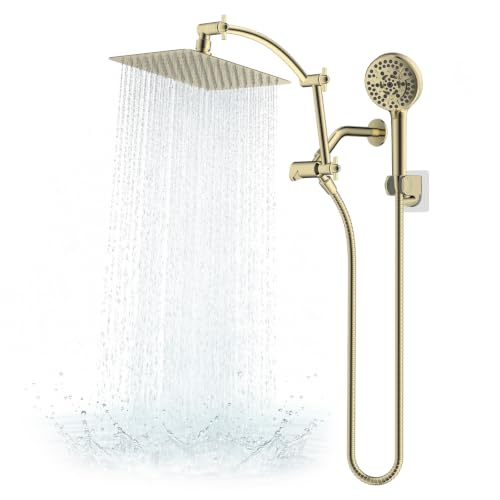 Hibbent Metal 10" High Pressure Rain Shower Head Combo, Polished Brass | cUPC Certified Rainfall Shower Head with handheld 10 Sprays, 16'' Adjustable Extension Arm, 71'' Hose, Showerhead Holder - color: Polished Brass, style: Square 10''