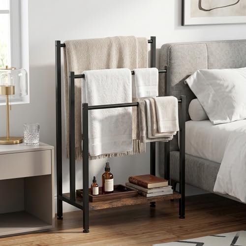 3 Tier Blanket Rack Stand, Freestanding Towel Rack with Wooden Shelf, 17.1" L x 11" W x 32" H, Quilt Display Stand for Bathroom, Bedroom, Living Room, Rustic Brown - color: Brown