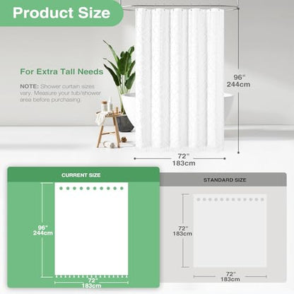 Extra Long Shower Curtain and Liner Set - 96 inch Tall Boho Shower Curtain and Waterproof Clear Liner, Tufted Geometric Striped Tassel Shower Curtains for Bathroom, 12 Hooks, 72x96, White - color: White, size: 72"W x 96"L (Pack of 1)