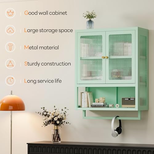 Bathroom Wall Cabinet with 2 Glass Door, Bathroom Medicine Cabinet with Towels Bar and Shelves, Over The Toilet Storage Cabinet, Metal Wall Mounted Cabinet for Laundry Room Kitchen (Green) - color: Green