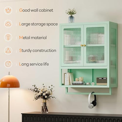 Bathroom Wall Cabinet with 2 Glass Door, Bathroom Medicine Cabinet with Towels Bar and Shelves, Over The Toilet Storage Cabinet, Metal Wall Mounted Cabinet for Laundry Room Kitchen (Green) - color: Green