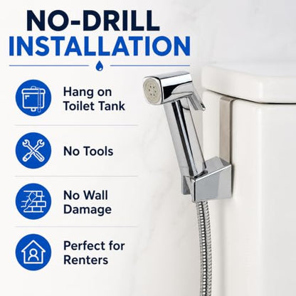 Handheld Bidet Sprayer for Toilet, Lockable Push Button, High Pressure Bathroom Sprayer, Cloth Diaper & Personal Hygiene Sprayer, Tank Mount No-Drill Install, Stainless Hose Set, Chrome Color - color: Chrome