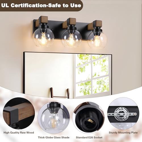 Farmhouse Bathroom Light Fixtures, 3-Light Rustic Wood Bathroom Lights Over Mirror with Glass Globe Shades, Matte Black Wall Mounted Lamp Vanity Lights for Bathroom Bedroom Living Room Cabinet - size: 3-Light