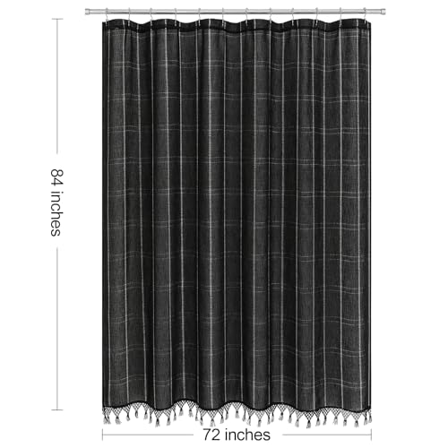 Extra Long Linen Farmhouse Shower Curtain with Tassel, Modern Boho French Country Chic Bathroom Shower Curtain Set with PEVA Liner, Cotton Luxury Fabric Shower Curtain 72x84 - Black - color: Black, size: 72"W x 84"L (Pack of 1)