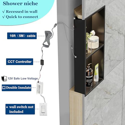 Matte Black 2-Tier 3 CCT LED Niche, 12"x24" No-Tile Shower Storage | shower niche with 3-Temperature LED Strip Light (4000K/6000K/3000K),Waterproof, Sturdy&Durable,304 Stainless Steel Wall Niche - color: Matte Black, size: 12X24In