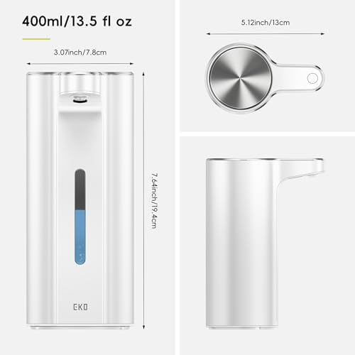 EKO Aroma Pro 13.5 fl oz Touchless Automatic Liquid Soap Dispenser, Rechargeable Electric Hand & Dish Soap Dispenser for Bathroom and Kitchen, IPX7 Waterproof, Adjustable Volume Control (White) - color: White, size: 13.5 oz (Premium Wireless Charging)