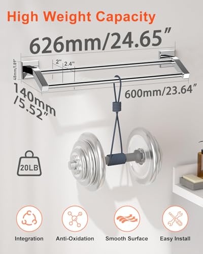 Alise Double Towel Bar,24" Double Towel Racks for Bathroom,Polished Chrome | Quick Drying Bathroom Towel Holder, SUS304 Stainless Steel Towel Hanger Wall Mounted, Useable Length 22.7" - color: Polished Chrome, size: 24-Inch (2-Bars)