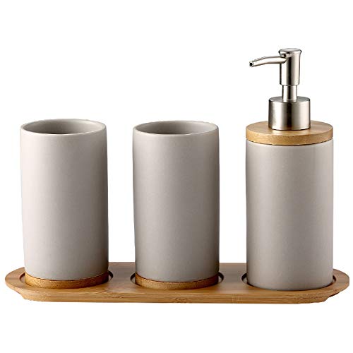 4-Piece Gray Ceramic Bathroom Accessories Set Includes Lotion Soap Dispenser Pump, Toothbrush Holder, Tumblers and Bamboo Tray, Modern Bathroom Accessories Set Complete - style: Gray