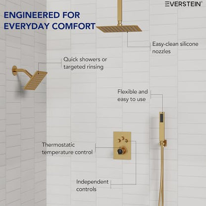 Ceiling Mount 12" High-Pressure Rainfall Shower Faucet, Dual Rainfall Shower Head System with Valve (Brushed Gold) - color: Gold, style: Ceiling Mount