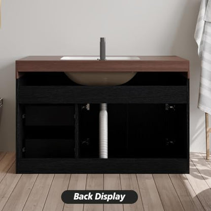 36" Wall-Mounted Bathroom Vanity with Sink, Floating Vanities Cabinet with Ceramic Basin Combo, Faux Marble Top Bathroom Sink Cabinet with 2 Doors and 2 Drawers, Plywood Frame, Walnut - color: Walnut