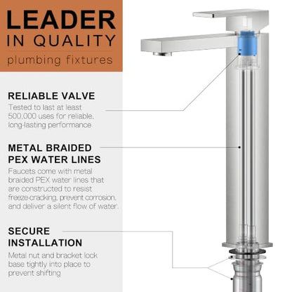 Brushed Nickel Vessel Sink Faucet, 1 Handle Tall Bathroom Sink Faucet | Vessel Bowl Faucet with Pop Up Drain & Supply Lines, Lead-Free cUPC & NSF Certified, 1 Hole Faucet for Vanity RV Restroom - color: Brushed Nickel, size: Tall