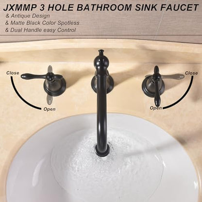Matte Black Antique Bathroom Faucet 3 Hole, Widespread Sink Faucet with Pop Up Drain and cUPC Supply Hose, Modern 2 Handle Black Faucet for Bathroom Sink JXM3073BK - color: Matte Black
