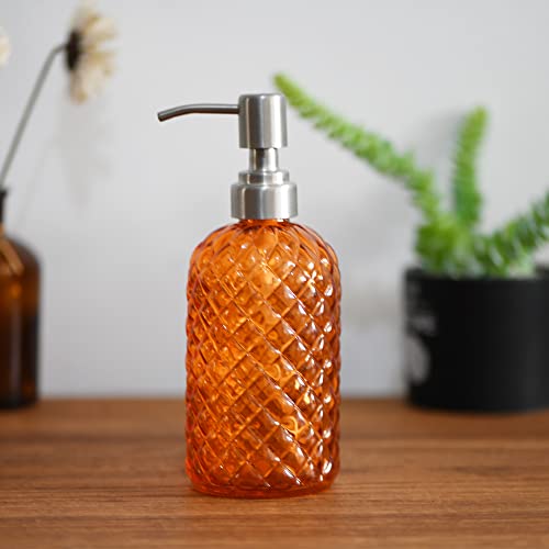 16 oz Diamond Pattern Glass Soap Dispenser, Kitchen and Bathroom Refillable Soap Dispenser with Rust Resistant Stainless Steel Pump for Hand Soap, Lotion Glass Liquid Dispenser (2pack) - color: Orange-2pack