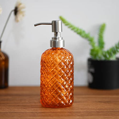 16 oz Diamond Pattern Glass Soap Dispenser, Kitchen and Bathroom Refillable Soap Dispenser with Rust Resistant Stainless Steel Pump for Hand Soap, Lotion Glass Liquid Dispenser (2pack) - color: Orange-2pack
