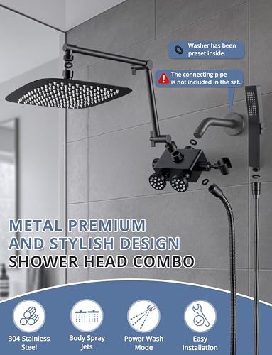 All Metal 12 Inch Rain Head with Body Spray Jets and Handheld (Matte Black) | All Metal Construction, Equipped with Body Spray Jets, 14 Inch Adjustable Extension Arm,Power Wash Function Hand Shower - color: Matte Black