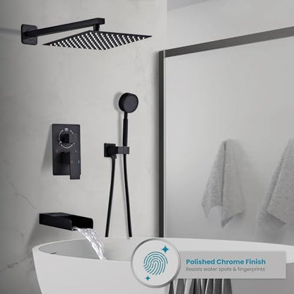 Matte Black Shower System With Tub Spout Faucet Set, Wall Mounted 10 Inch Shower Heads with Handheld Spray Combo and Tub Shower Faucet, Luxury Bathroom Square Rain Shower System - 4 Hooks - color: Matte Black, style: 10 Inch with Tub Spout