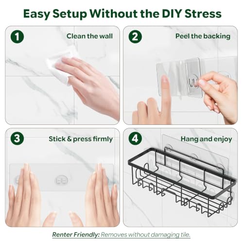 Simple Trending 6-Pack Shower Caddy Adhesive with Large Capacity | No Drilling Shower Shelves, Rustproof Stainless Steel Bathroom Organizers and Storage , Quick Dry, Abrasion Resistant, Black