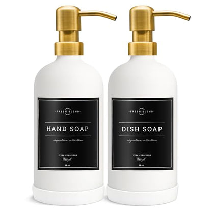 Vine Creations Glass Soap Dispenser, 2 Pack Kitchen Soap Dispenser Set with Stainless Steel Pump, 16 oz Dish Soap and Hand Soap Dispensers for Bathroom with Waterproof Labels (White) - color: Matte White Bottle / Gold Pump