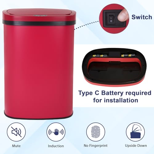 13 Gallon Kitchen Trash Can Bathroom Trash Can with Lid Red Garbage Can | Automatic Motion Sensor,50 Liter Touchless Trash Bin,Waterproof Garbage Bin Wastebasket for Toilet,Office,Caravans,Bedroom, - color: Red