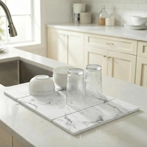 Large Stone Drying Mat for Kitchen Counter, 24"x16" Collapsible Quick Dry Dish Drying Mat, Water-Absorbent Marble Diatomaceous Earth Mats for Bottles Cups Dishes, Match Any Countertop - color: White