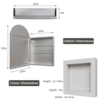 20 x 32 in Medicine Cabinet with Mirror and Side Panels, Silver | Surface or Recessed Medicine Cabinet Mirror with Storage, Adjustable Shelves, Aluminum Alloy Frame, Assembly Required - size: 20''x32''
