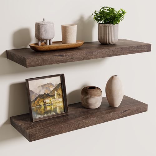 Axeman Floating Shelves for Wall, 24''W x 8'' D Rustic Solid Elm Wood Shelves for Storage, Wall Mounted Display Shelving with Invisible Heavy-Duty Metal Bracket (Walnut, 2PCs) - color: Walnut With Flat Edge, size: 24 inches - 2P