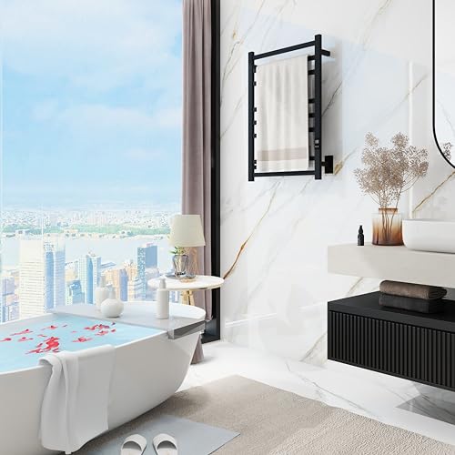 Heated Towel Rack, 8-Bar Wall Mount, Matte Black Stainless Steel | 304 stainless steel, 115-155°F adjustable, 1-24H auto shut-off timer, plug-in or hardwired, 160W, fits bath towels and robes - color: Matte Black